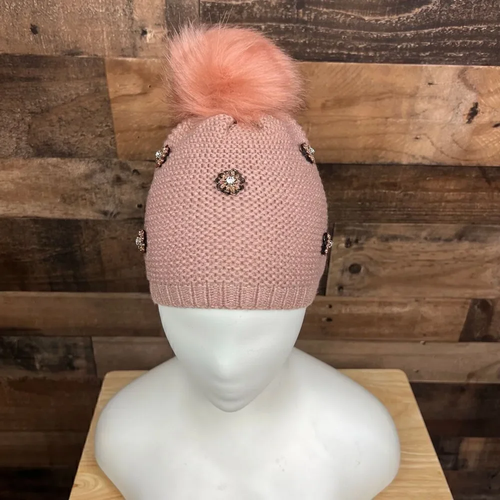 Neiman Marcus Hat Pom Beanie Pink Tan Blush Floral Embellished Bling One Size